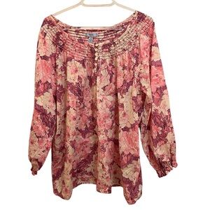 Izod Smocked Neckline 6 Button Decor Blossom Long Sleeve Floral Top size 1X